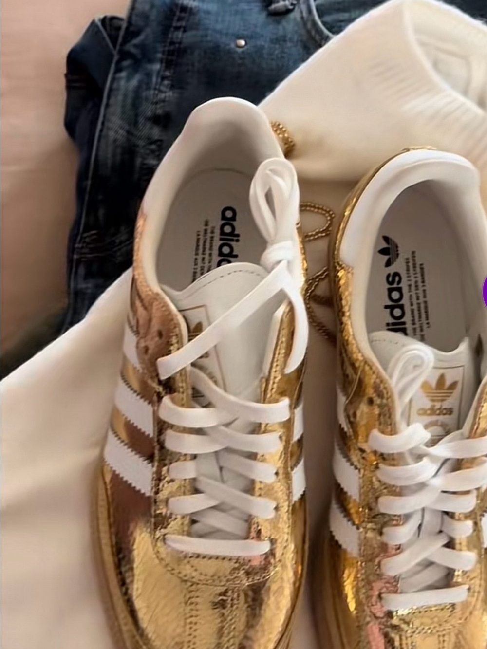 adidas Women’s Metallic Gold Samba oG Sneakers with White Stripes - Picture 2 of 6